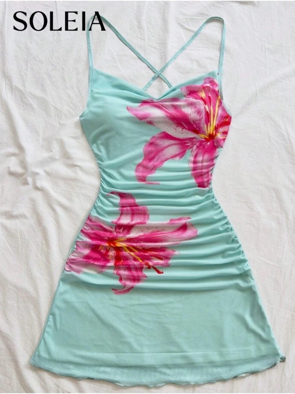 SHEIN Soleia Floral Mesh Ruched Spaghetti Strap Mini Dress Size Large